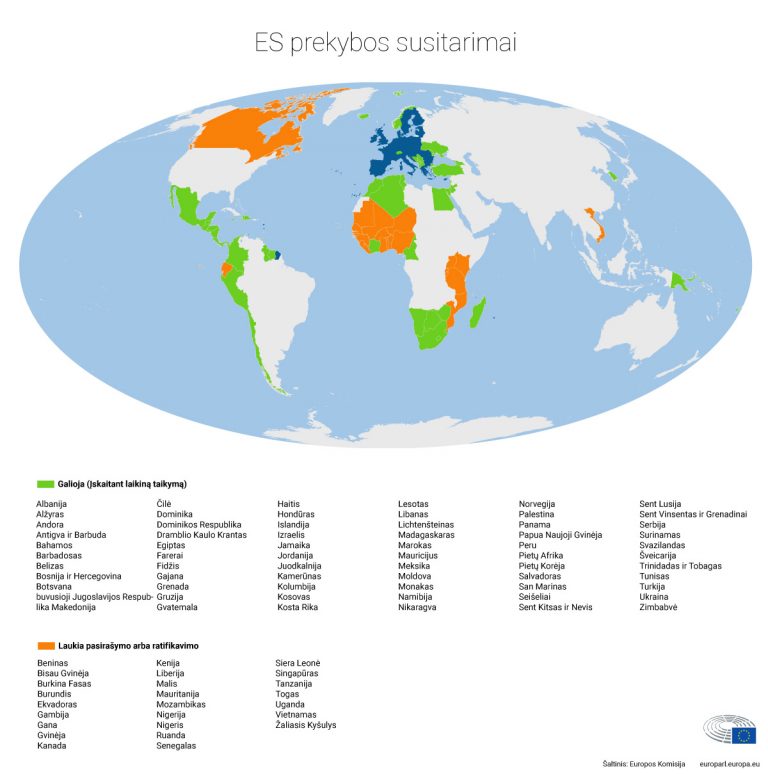 ES prekybos susitarimai: galiojantys (žalia spalva) ir laukiantys patvirtinimo (oranžinė spalva)